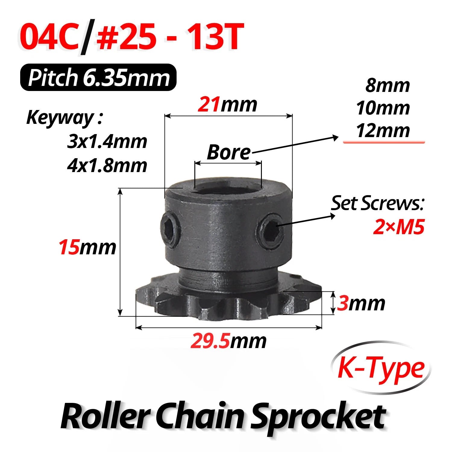 #25 Roller Chain Sprocket With Keyway 04C 13T-40T Tooth Bore 8-30mm Pitch 6.35mm