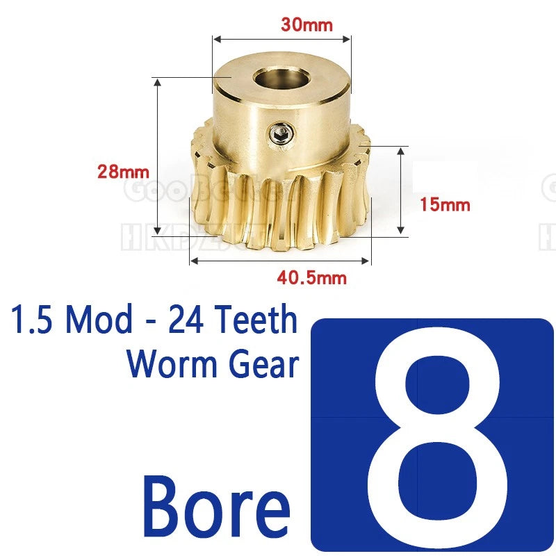 Module 1.5 Brass Worm Gear Wheel Worm Shaft C45 Steel 24 Tooth Bore 8 mm - 17 mm