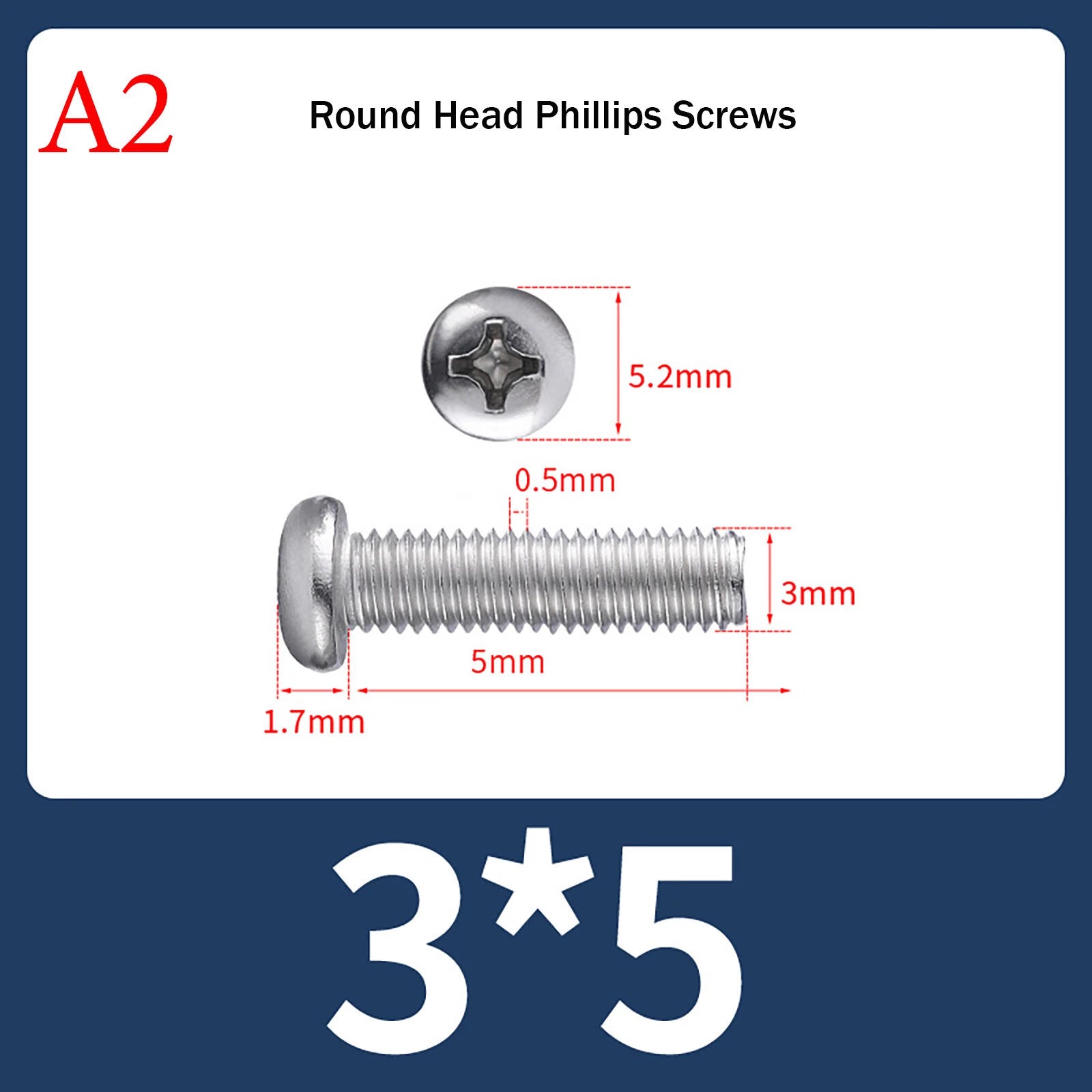 M3 Phillips Pan Head Machine Screws – A2 Stainless Steel, M3×3mm to M3×150mm (Full Length Range)