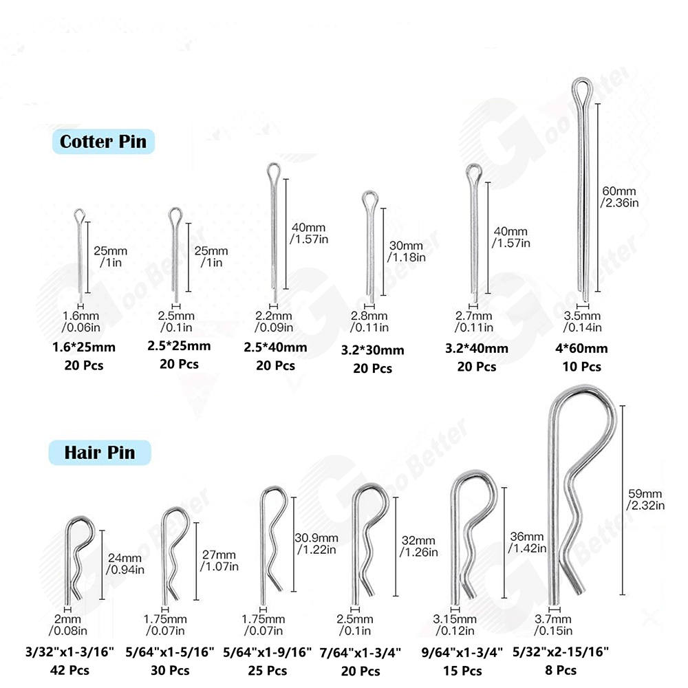 250Pcs Hair Pin & Cotter Pin R Clip Assortment Kit Zinc Plated for Fastener Clip - HomeDIYer