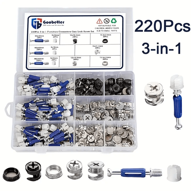 220 - Pack 3 - in - 1 Cam Fittings Furniture Assembly Kit with Dowel, Pre - Inserted Nut, 40mm Rod, Blue, and Multi - Size Repair Spare Parts Nut & Bolt Assortment Sets for Easy Install of Cabinets, Wardrobes Panels & More - HomeDIYer