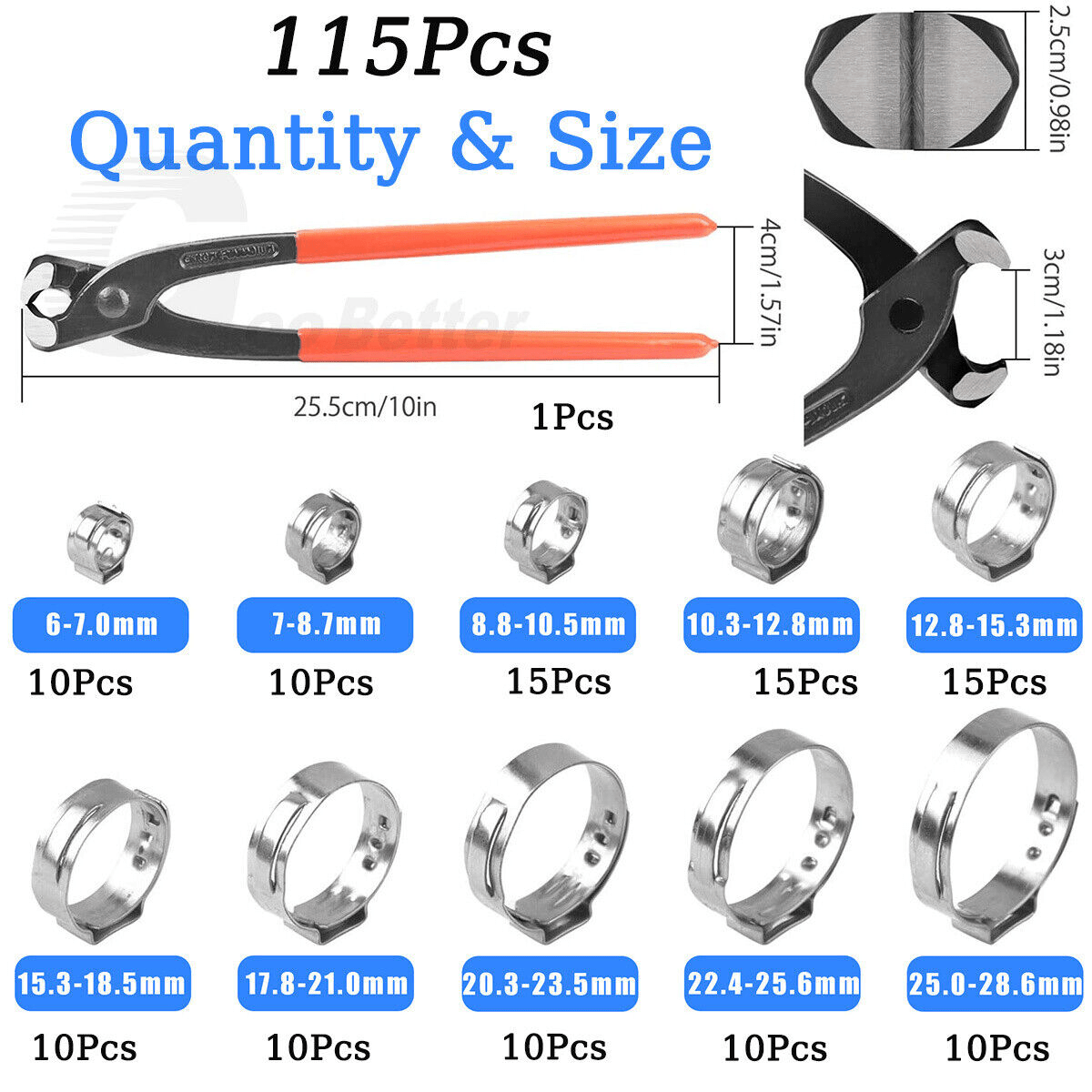 115Pcs 6 - 28.6mm Single Ear Stepless Hose Clamps Stainless Steel Clamp Assortment - HomeDIYer
