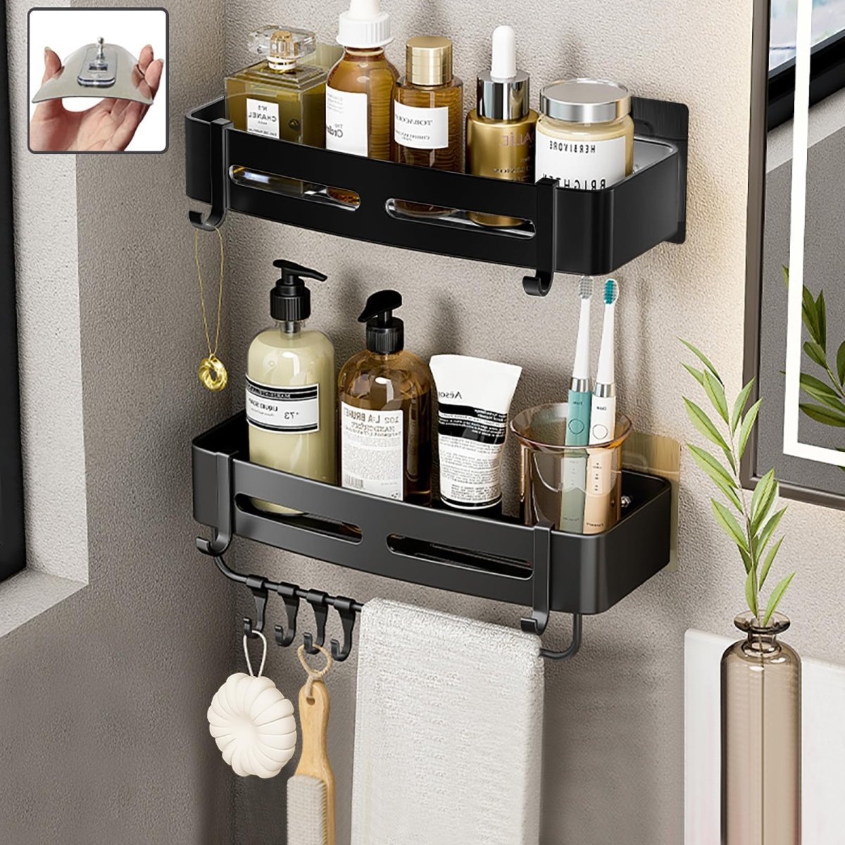 Shower Shelf - 1 Tier Rustproof Bonded Shower Caddy - Wall - Mounted Shower Holder - 4 Hooks,Towel Bars - Shower Accessories Bathroom Organiser - No Drilling Required for Installation - HomeDIYer