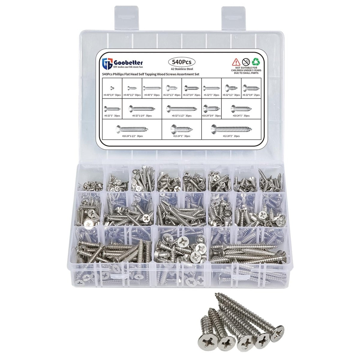 540Pcs Stainless Steel Phillips Flat Head Wood Screw Assortment Set 4 6 8 12 - HomeDIYer
