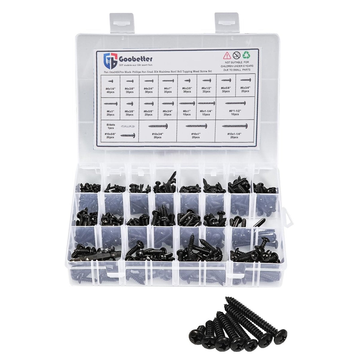 450Pcs Black Phillips Pan Head Sheet Metal Screws Self Tapping Wood Screws Set - HomeDIYer