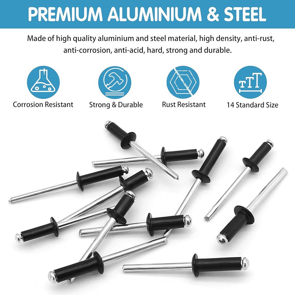 Black Pop Rivets Assortment Set Aluminium Body Steel Mandrel Open End Dome Head - HomeDIYer
