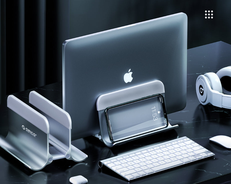 Gravity-Sensing Vertical Laptop Stand with Auto-Clamp, Aluminum Alloy Desktop Holder for MacBook, Notebooks & Tablets up to 40mm Thick