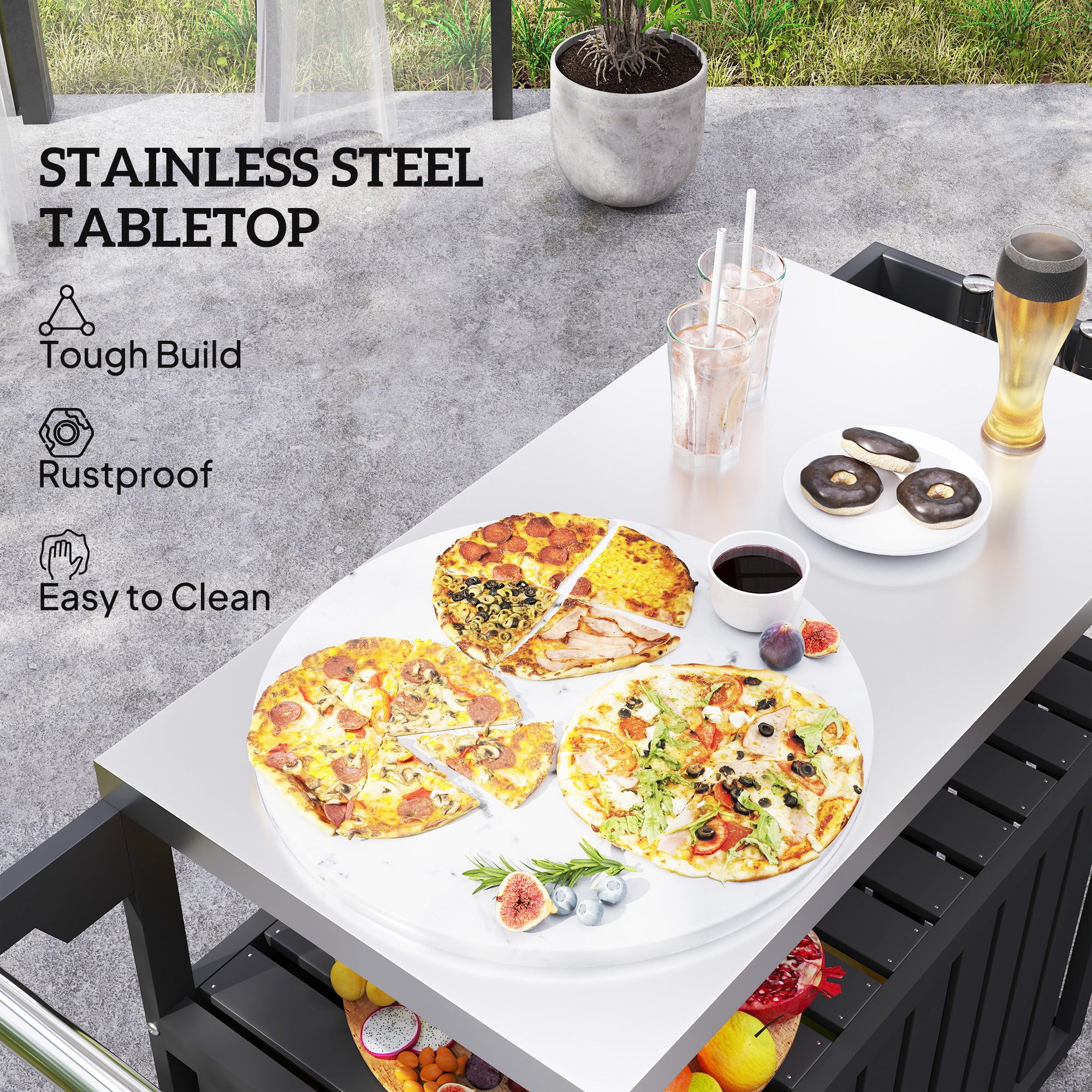 Outdoor Bar Table Top,Outdoor Bar Cart with Storage,Wheeled Kitchen Island for Food Prep