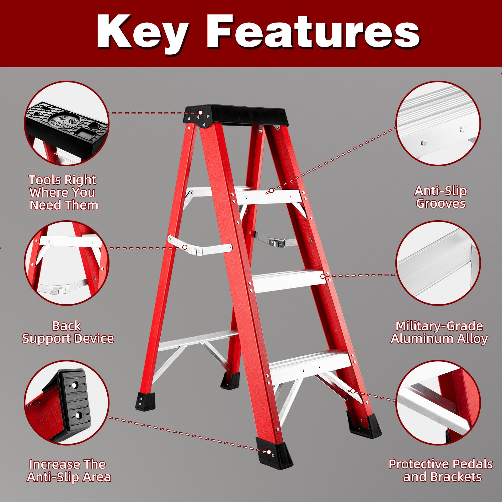 Fiberglass Step Ladder — Non‑Conductive, 330 lb Capacity, Safety Red, 11" Step Spacing