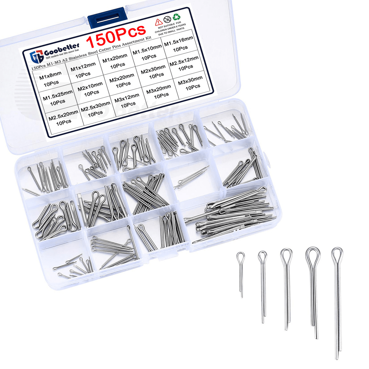 150x Cotter Pins M1 M1.5 - M3 Split Pin Fixings A2 Stainless Steel Assortment Set - HomeDIYer