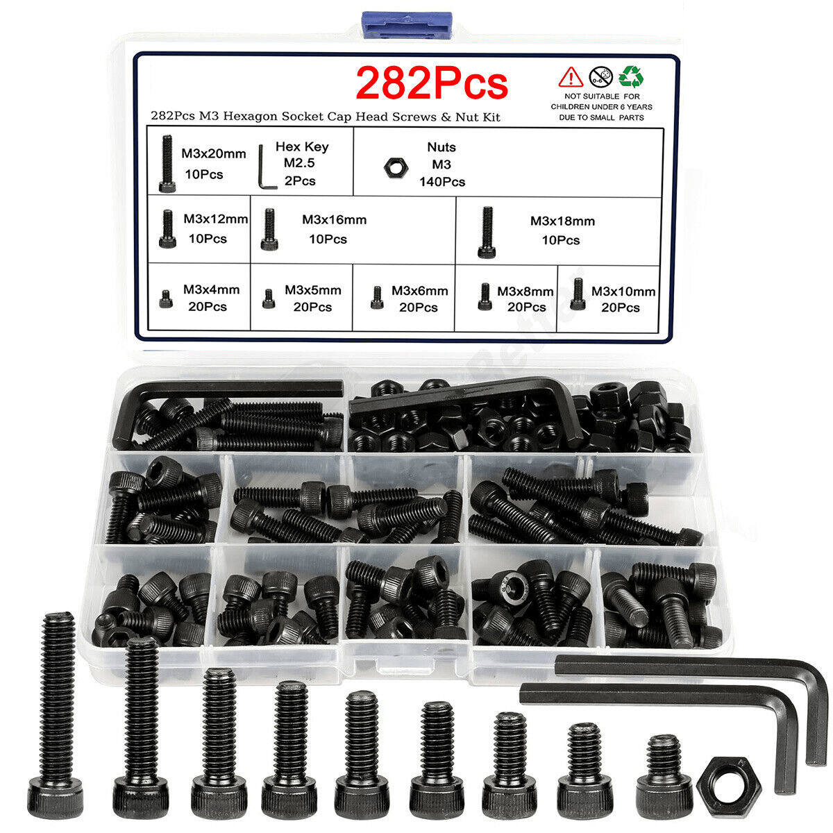 282Pcs M3 Black Hexagon Socket Cup Head Screws Bolts & Nut Kit 12.9 High Tensile - HomeDIYer