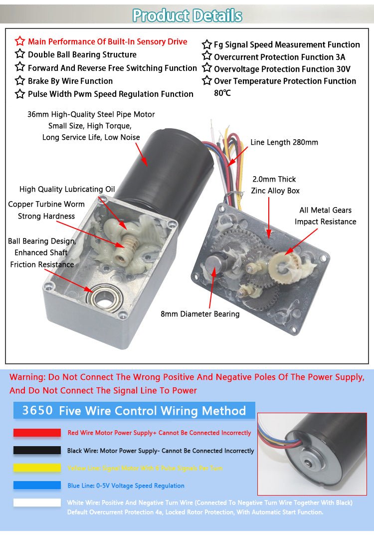 5840 - 3650 Worm Geared Motor DC12V 24V 8 - 470RPM Brushless Self - Lock Brake Motor - HomeDIYer