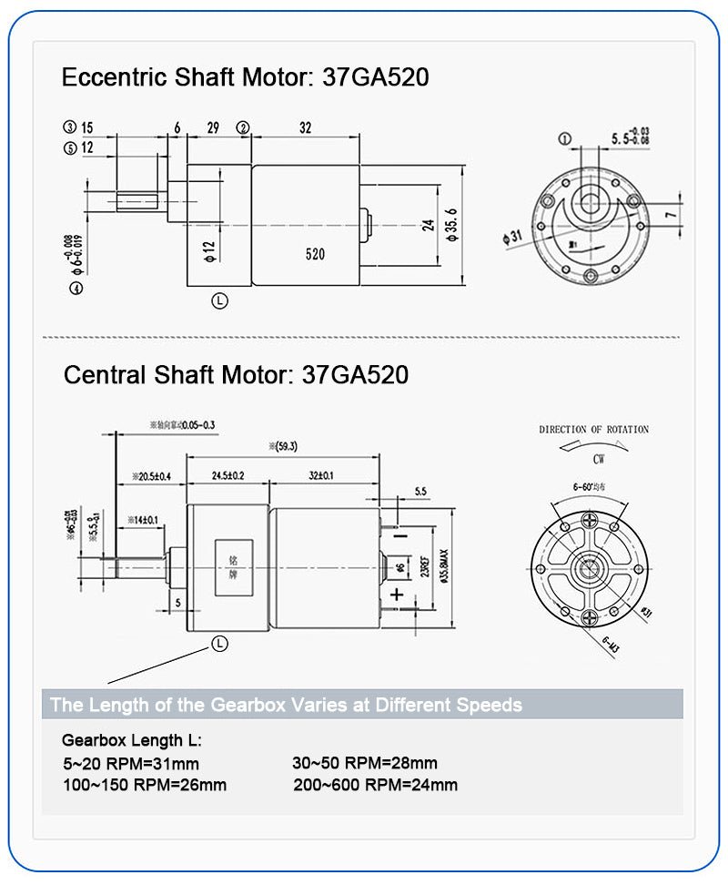 37GA520 DC 12V/24V Metal Gear Reduction Motor 5 - 600RPM Central/Eccentric Shaft - HomeDIYer