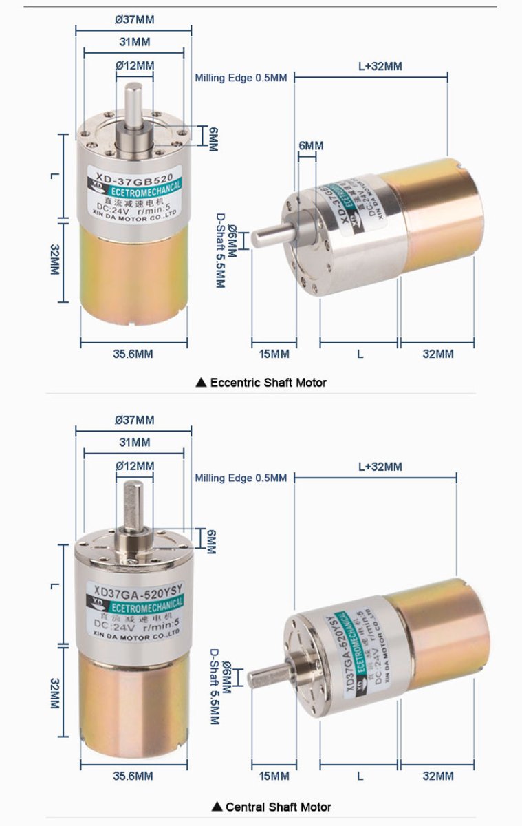 37GA520 DC 12V/24V Metal Gear Reduction Motor 5 - 600RPM Central/Eccentric Shaft - HomeDIYer