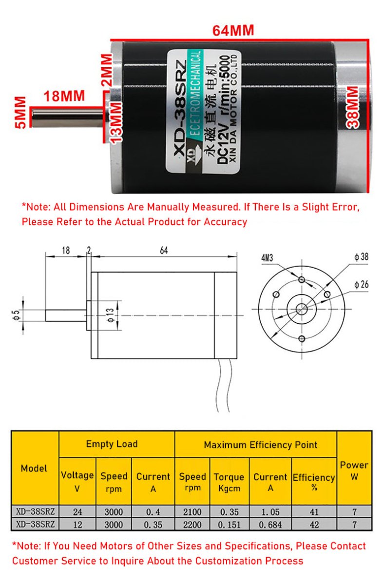 38SRZ - Y Motor DC12V/24V 2000 - 6000RPM 10W High Speed Permanent Magnet For Toy DIY - HomeDIYer