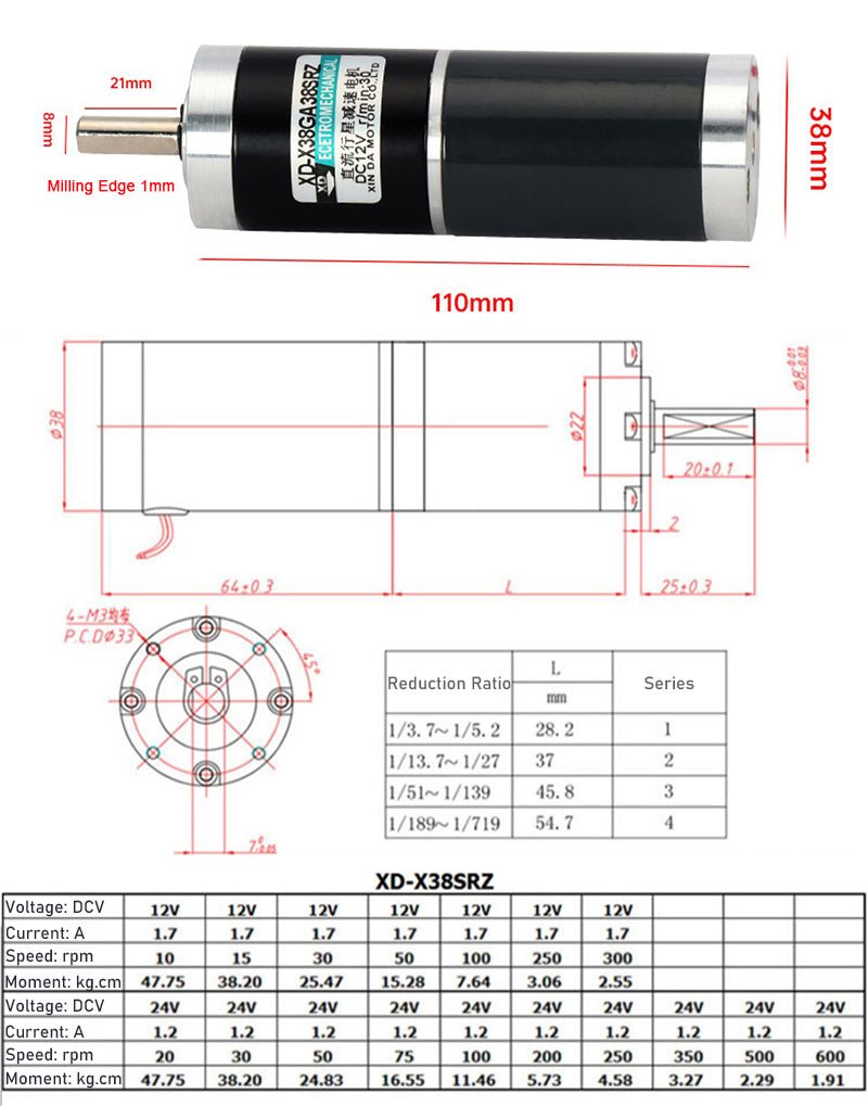 DC 12V/24V Planetary Gearbox Gear Motor 5RPM - 400RPM 10W High Torque 38GA/38SRZ - HomeDIYer