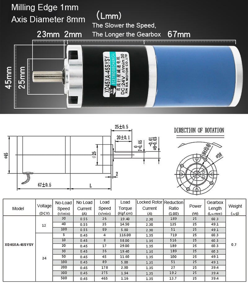 45XA - 45SYSY DC 12V/24V Planetary Gearbox Gear Motor Reducer Speed 10 - 500RPM 25W - HomeDIYer