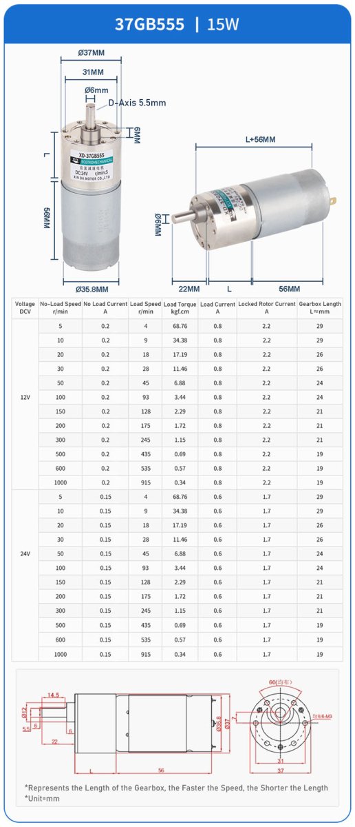 37GB555 Micro DC 12V/24V Metal Gear Gearbox Motor 10 - 600RPM 15W Reduction Motor - HomeDIYer