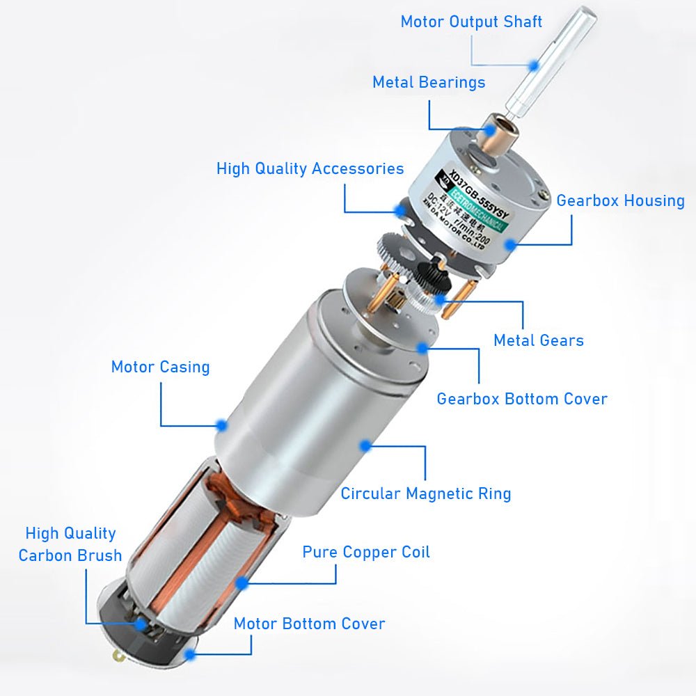 37GB555 Micro DC 12V/24V Metal Gear Gearbox Motor 10 - 600RPM 15W Reduction Motor - HomeDIYer