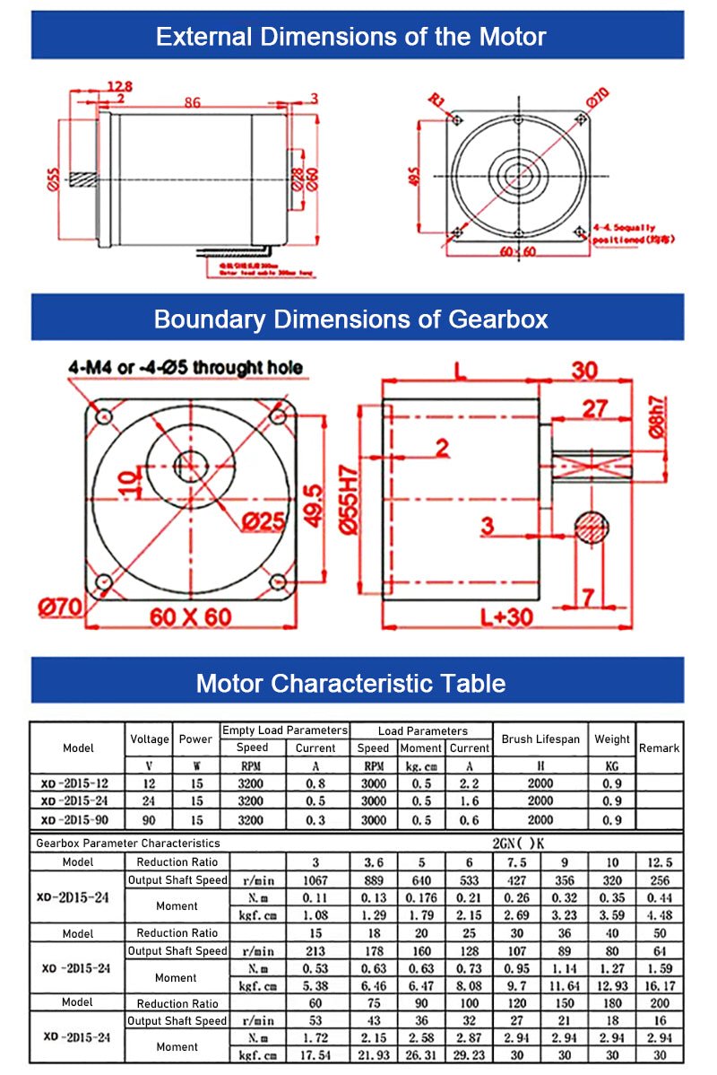 DC 12V/24V Gear Motor 10 - 600RPM 15W Gearbox Reduction Motor 2D15GN - C Reversible - HomeDIYer