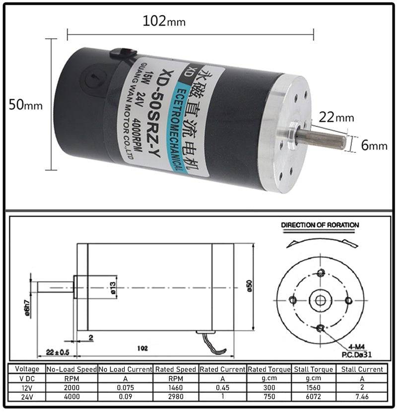 Permanent Magnet Motor DC 12V/24V 2000 - 8000RPM 15W High Speed 50SRZ - Y Reversible - HomeDIYer