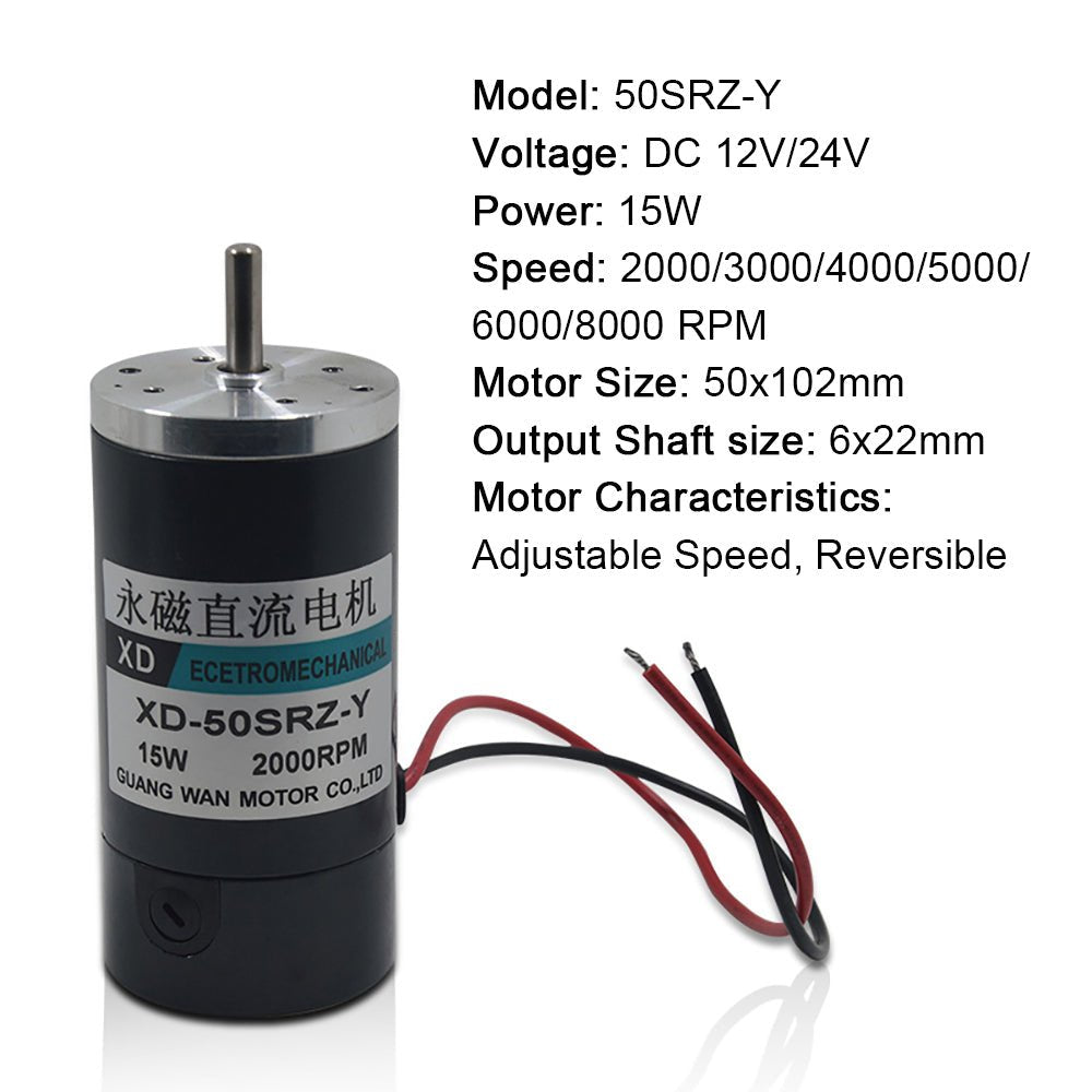 Permanent Magnet Motor DC 12V/24V 2000 - 8000RPM 15W High Speed 50SRZ - Y Reversible - HomeDIYer