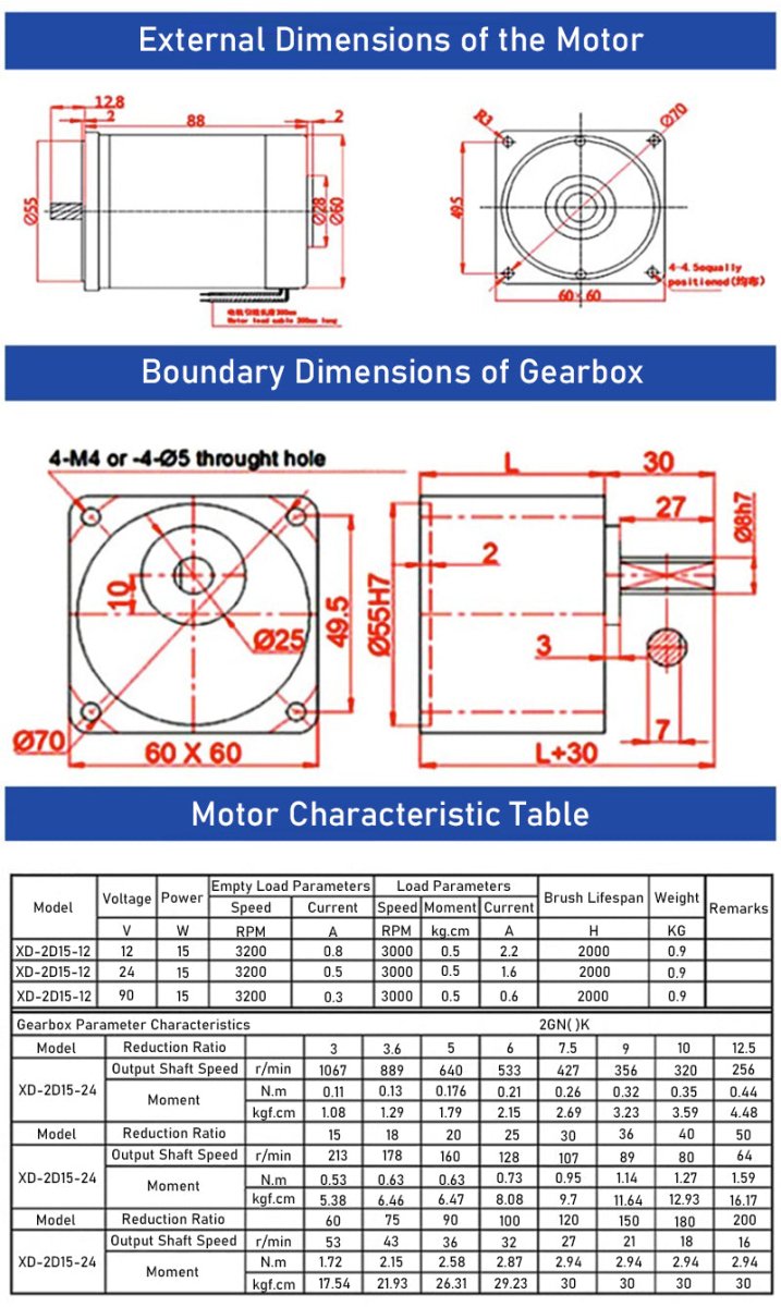 2D15GN - C Gear Motor DC 12V/24V 10 - 600RPM 15W Gearbox Reduction Motor Reversible - HomeDIYer