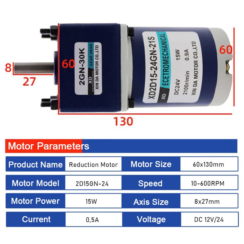 2D15GN - C Gear Motor DC 12V/24V 10 - 600RPM 15W Gearbox Reduction Motor Reversible - HomeDIYer