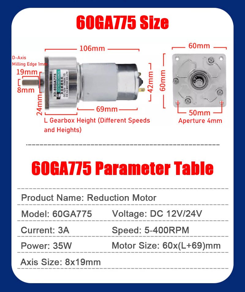 DC 12V/24V Gear Motor 35W 5~400RPM CW/CCW High Torque All Metal GearBox 60GA775 - HomeDIYer