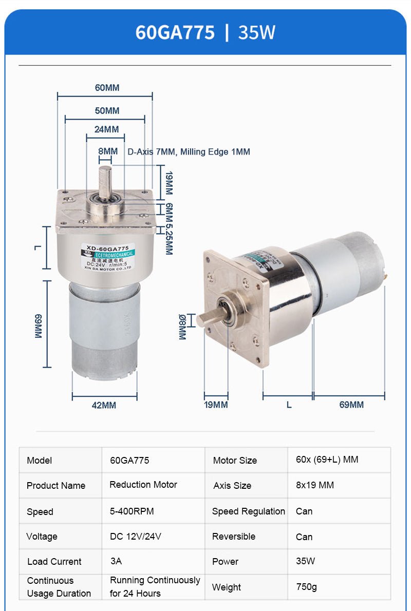 DC 12V/24V Gear Motor 35W 5~400RPM CW/CCW High Torque All Metal GearBox 60GA775 - HomeDIYer