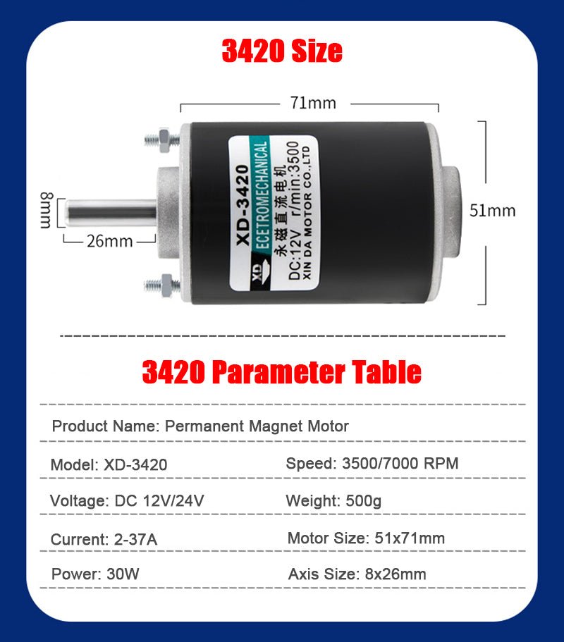 DC 12V/24V Permanent Magnet Mini Electric Motor 30W 3500/7000 RPM CW/CCW XD - 3420 - HomeDIYer