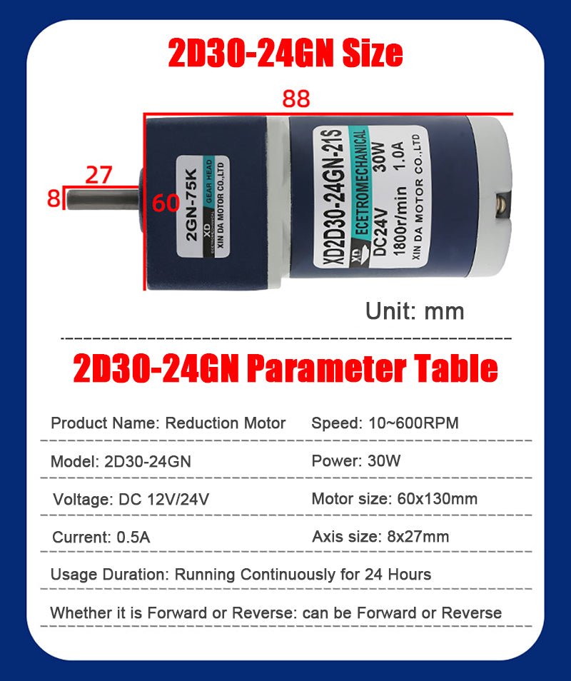 DC 12V/24V 30W Gear Motor 10~600 RPM CW/CCW Full Metal Gearbox Motors 2D30 - 24GN - HomeDIYer
