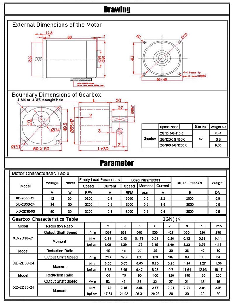 DC 12V/24V 30W Gear Motor 10~600 RPM CW/CCW Full Metal Gearbox Motors 2D30 - 24GN - HomeDIYer
