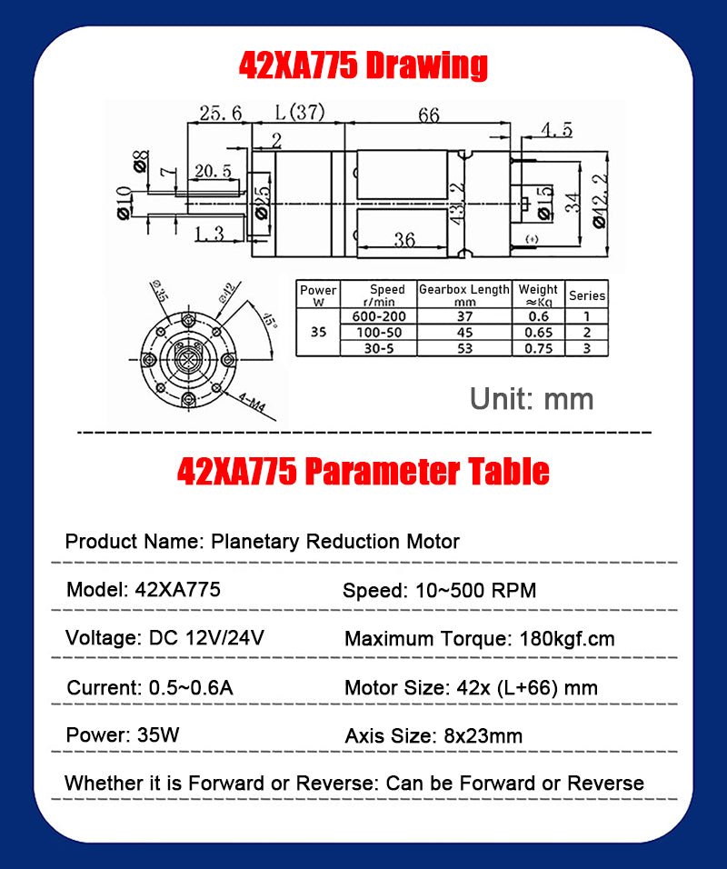 DC 12V/24V Planetary Reduction Gear Motor 10~500 RPM Large Torque 42XA775 CW/CCW - HomeDIYer