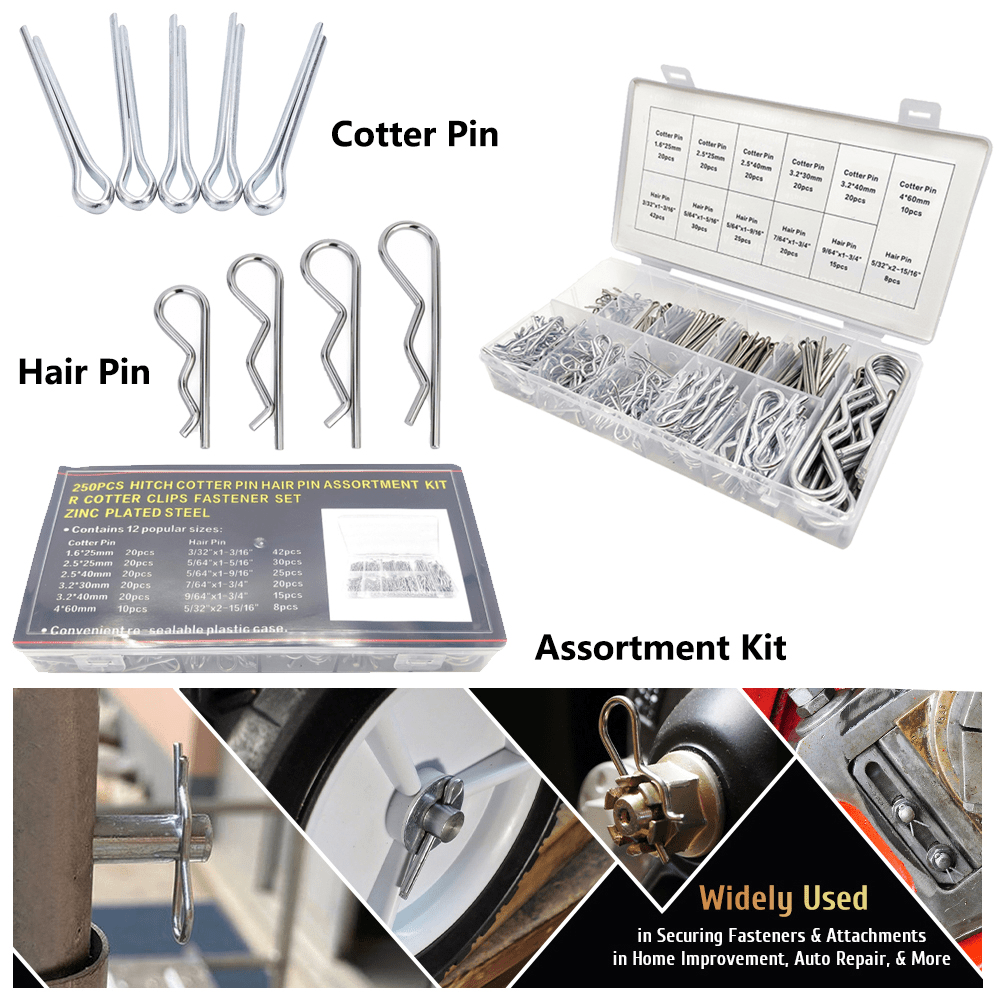 250Pcs Hair Pin & Cotter Pin R Clip Assortment Kit Zinc Plated for Fastener Clip - HomeDIYer