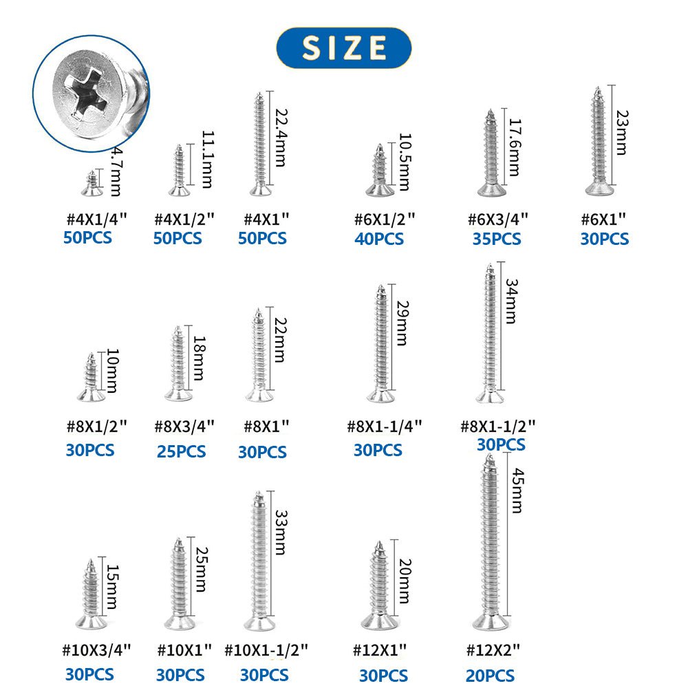 540Pcs Stainless Steel Phillips Flat Head Wood Screw Assortment Set 4 6 8 12 - HomeDIYer