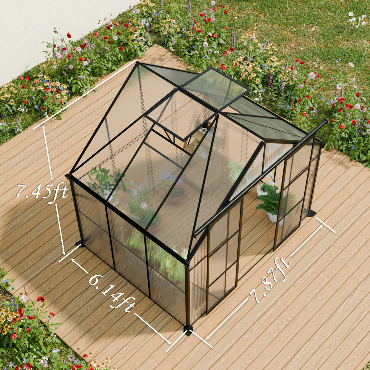 8ft x 6ft Heavy‑Duty Aluminum Walk‑In Greenhouse — Double Doors Adjustable Roof & Polycarbonate Panels Black