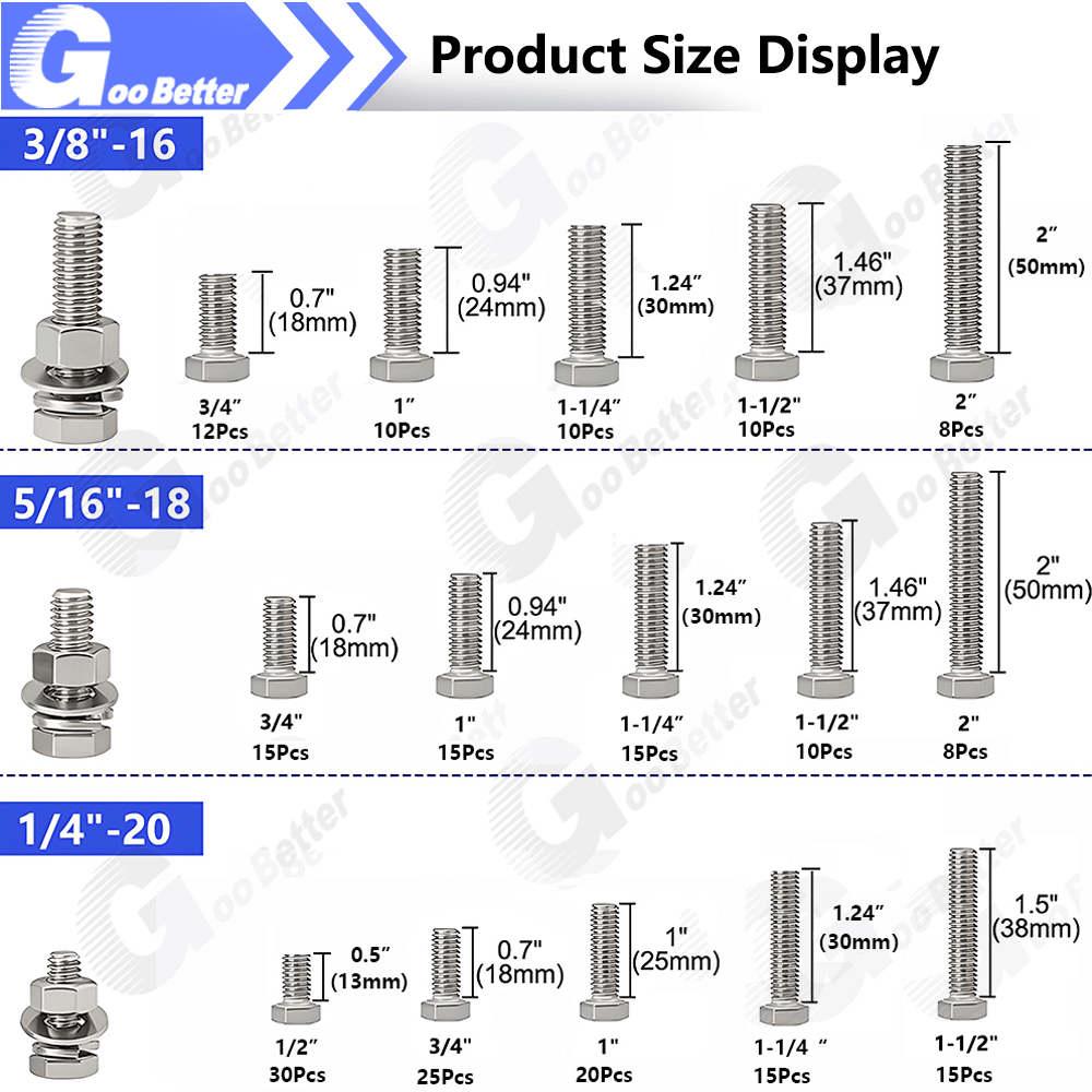 488Pcs 1/4'' - 3/8'' UNC Outer Hex Bolt, Washer, Nut Combination Kit Stainless Steel - HomeDIYer