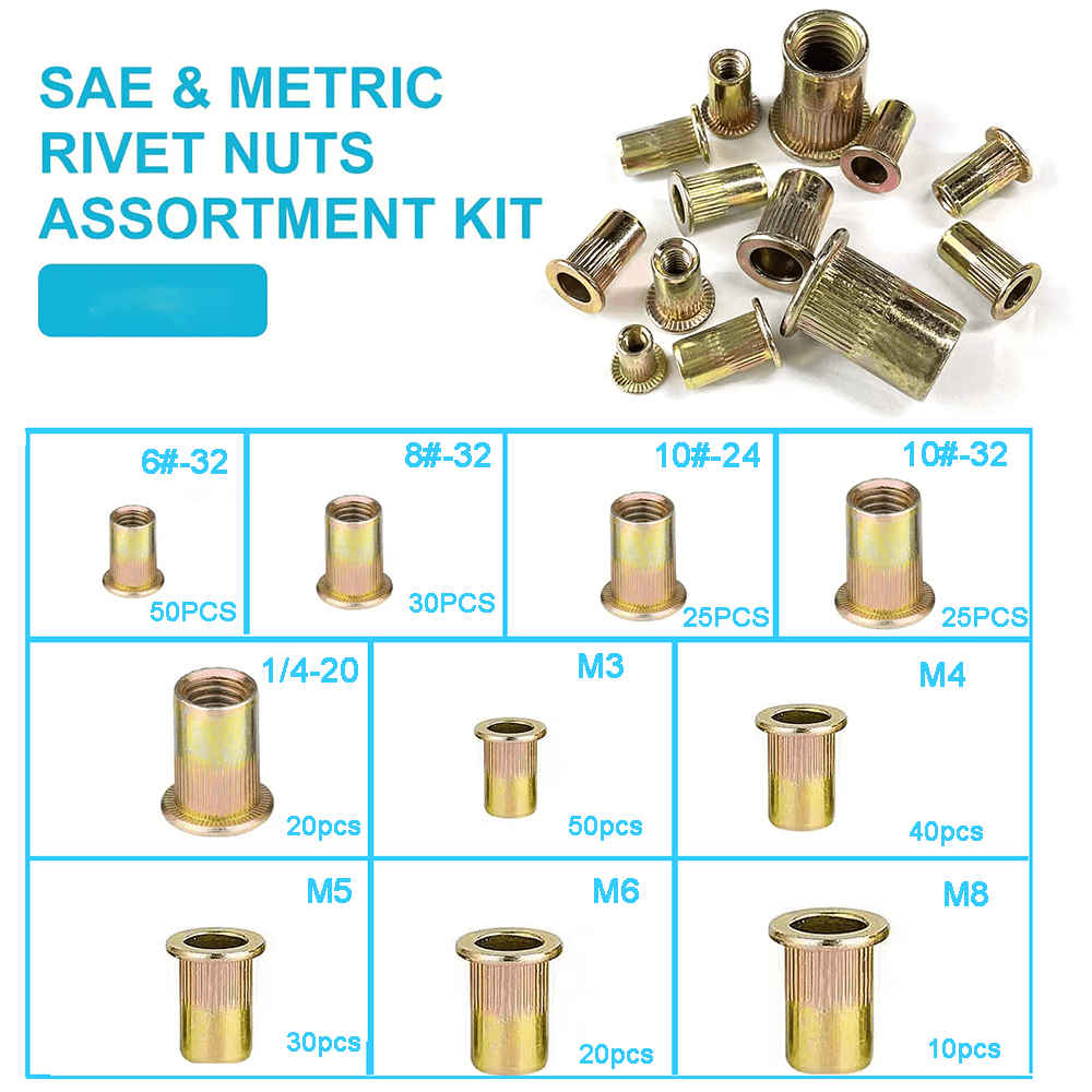 300PCS Zinc Steel Rivet Nut Kit Rivnut Nutsert Assort 150Pcs SAE + 150Pcs Metric - HomeDIYer