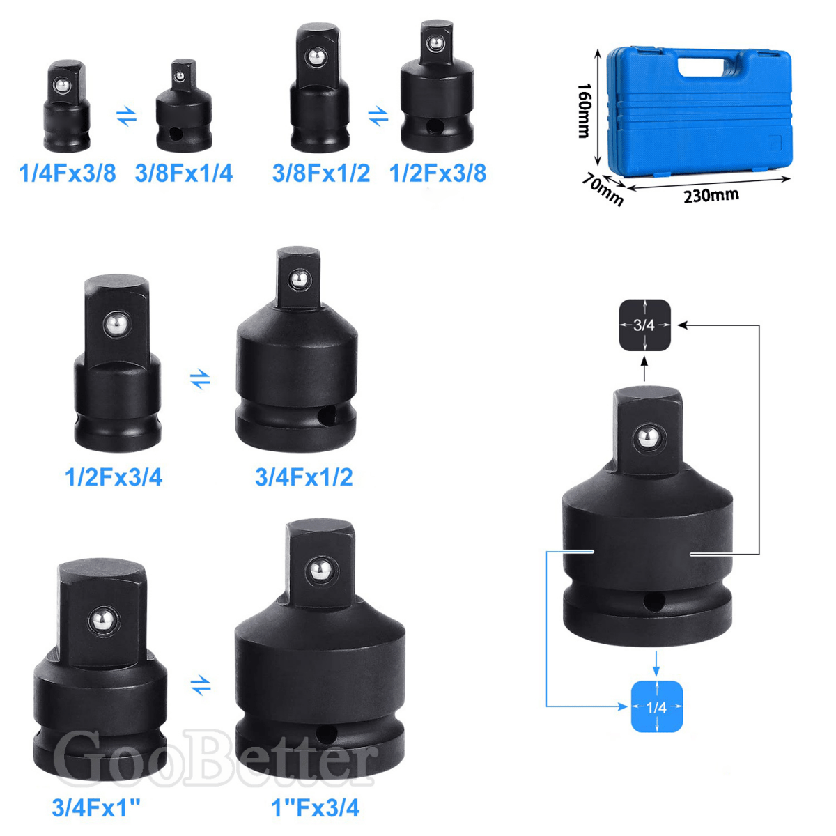 8Pcs Impact Socket Adaptor Reducer Set 1/4" 3/8" 1/2" 3/4" 1" Convertor Adaptors - HomeDIYer