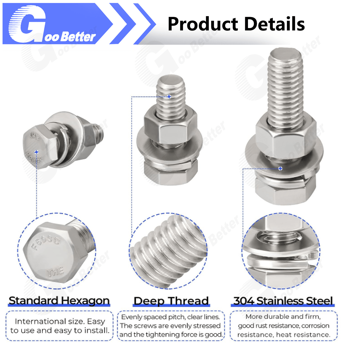 64Pcs 1/4'' - 20 Hex Head Bolts And Nut & Washer Assortment Kit 304 Stainless Steel - HomeDIYer