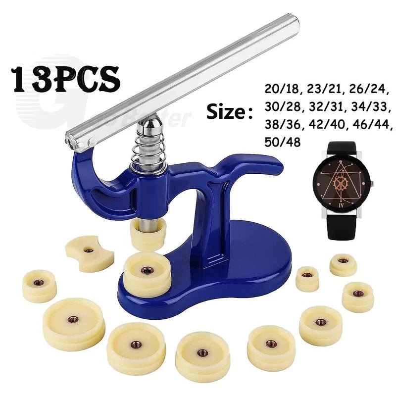Watch Press Set - Watch Back Case Closer - Glass Fitting Watchmaker Repair Tool Kit. with 12 Snap on Fitting Dies/Moulds - HomeDIYer