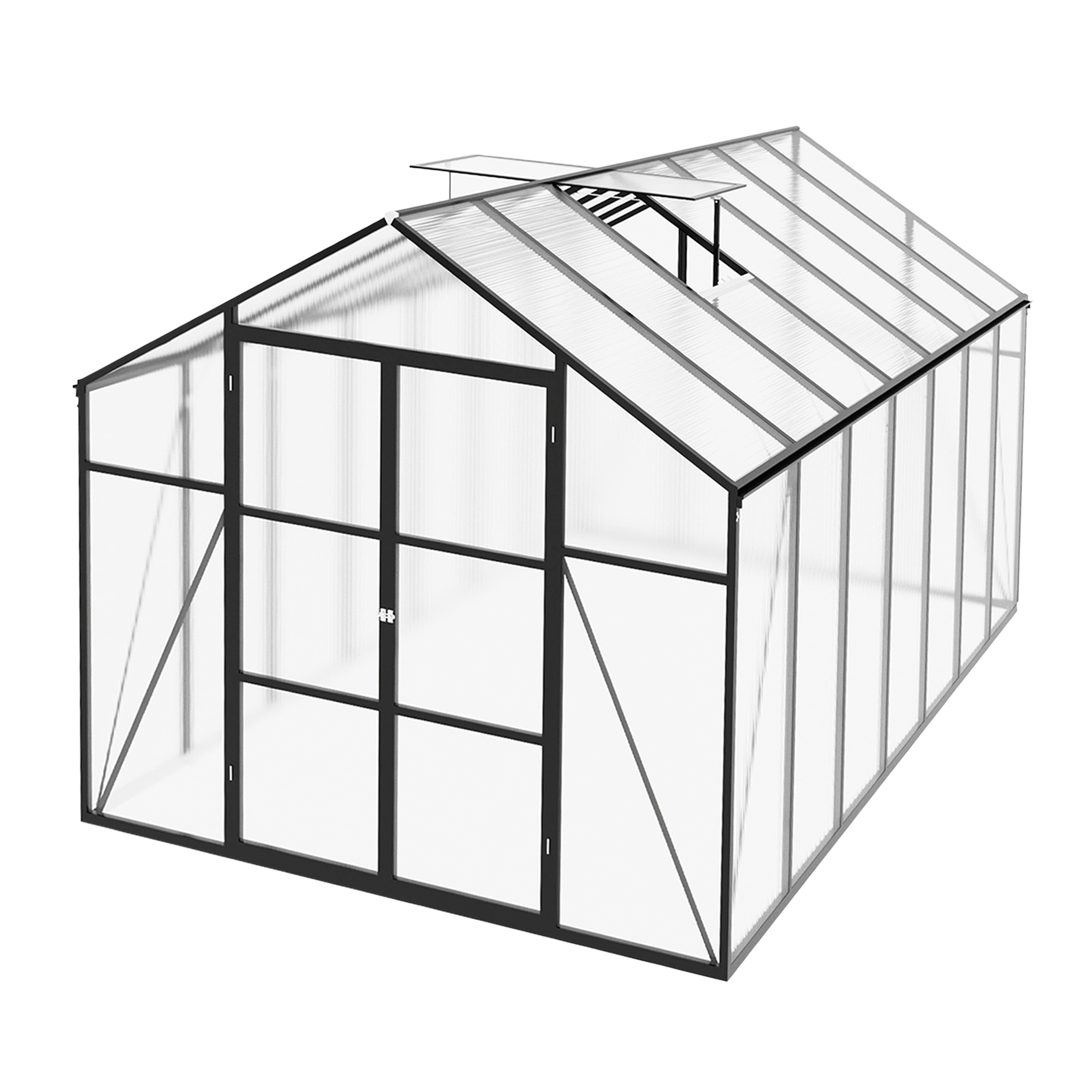 8ft x 14ft Heavy‑Duty Aluminum Walk‑In Greenhouse — Raised Base Polycarbonate Panels & Drainage System Black