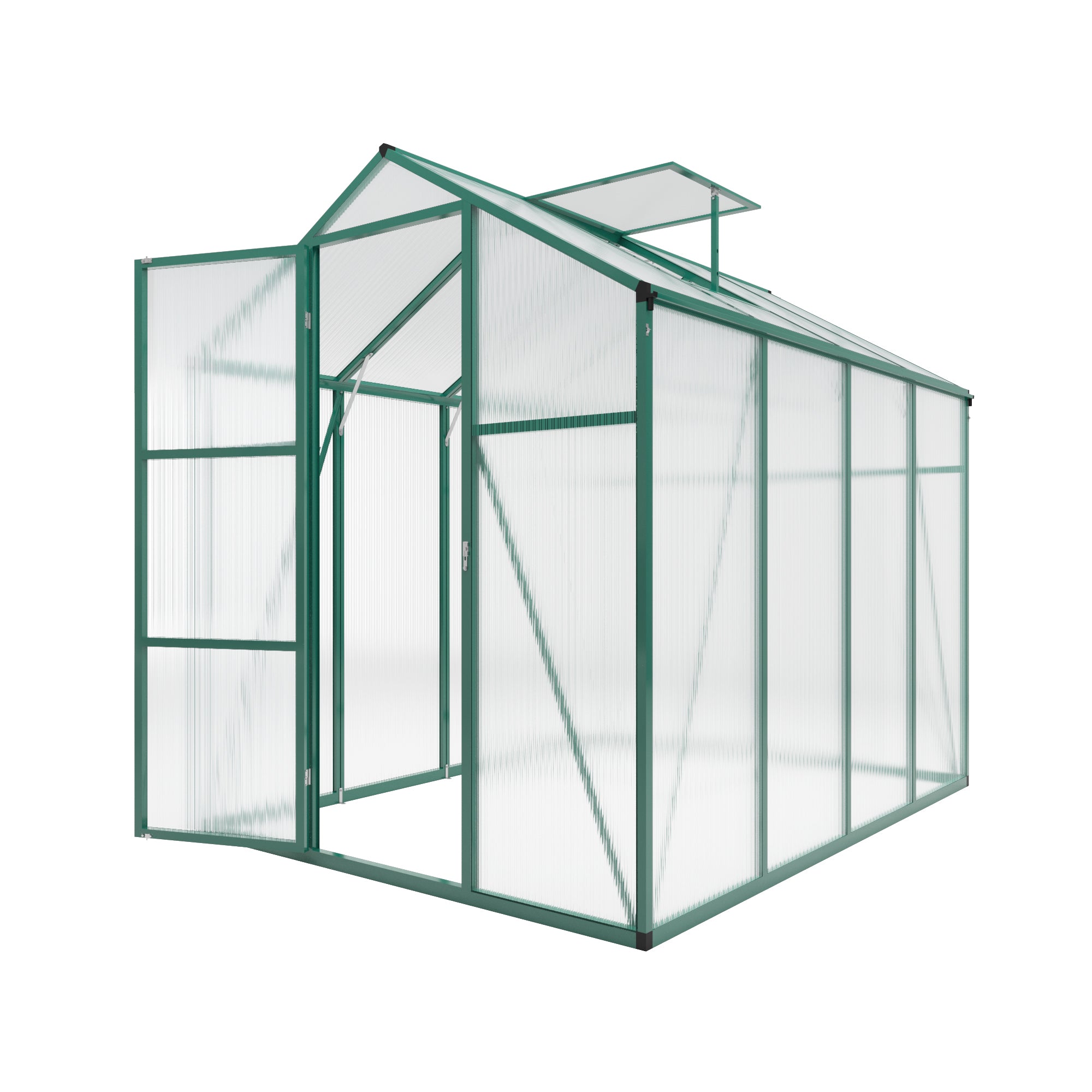 6ft x 8ft Heavy‑Duty Aluminum Walk‑In Greenhouse — Wind‑Resistant Polycarbonate Panels with Raised Base & Drainage System Green