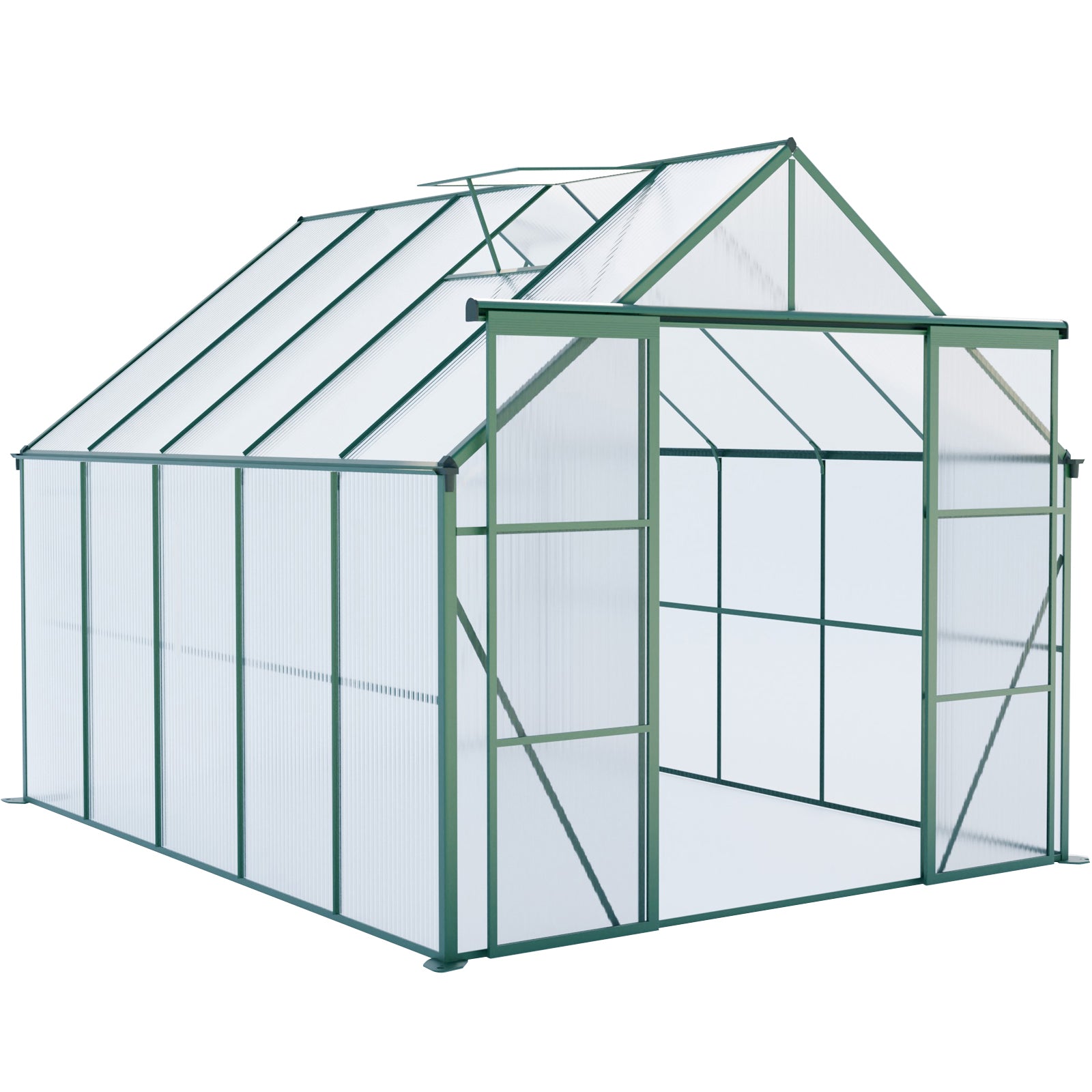 8ft x 10ft Heavy‑Duty Aluminum Walk‑In Greenhouse — Double Doors Adjustable Roof & Polycarbonate Panels Green