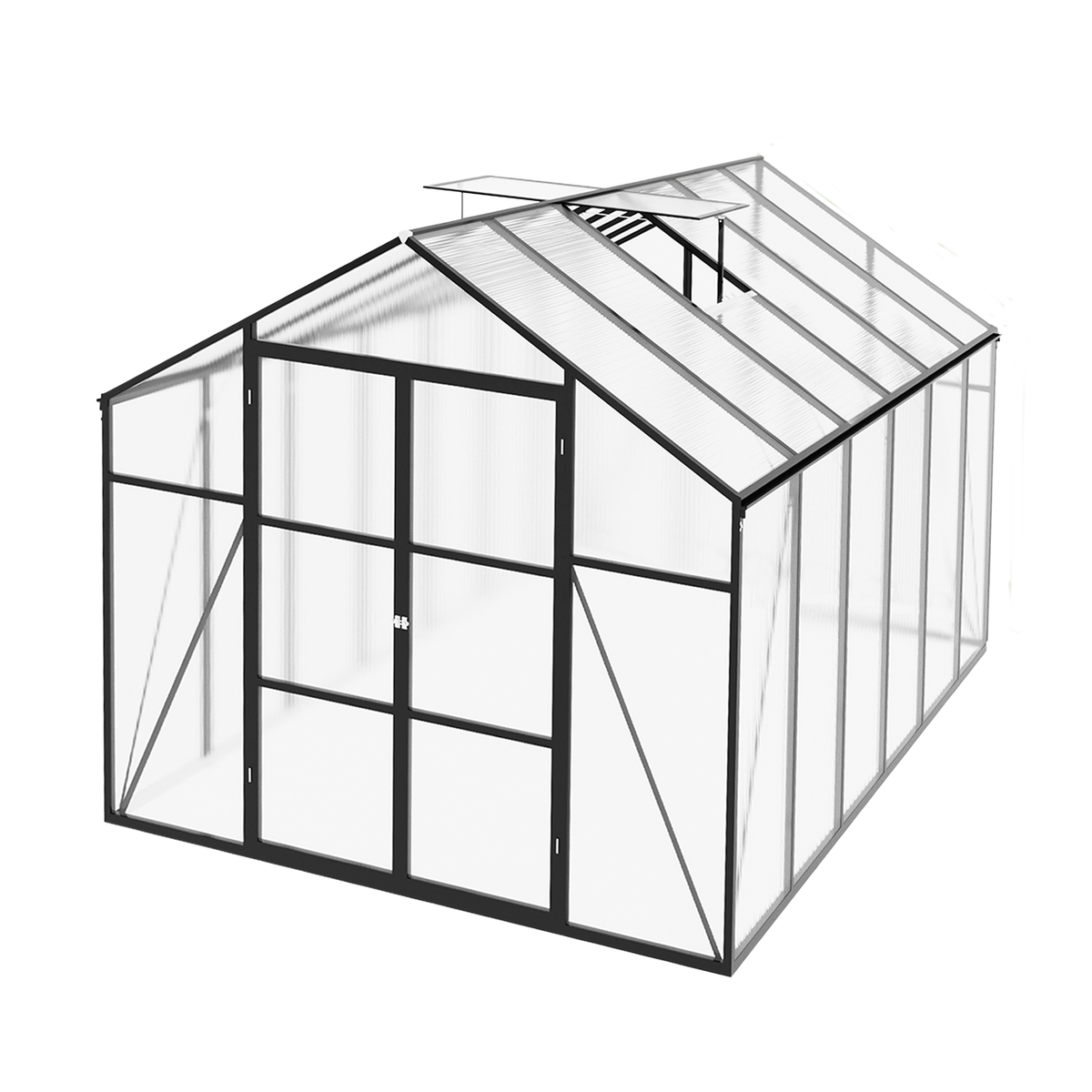 8ft x 12ft Heavy‑Duty Aluminum Walk‑In Greenhouse — 4mm Polycarbonate Panels Raised Base & Drainage System Black