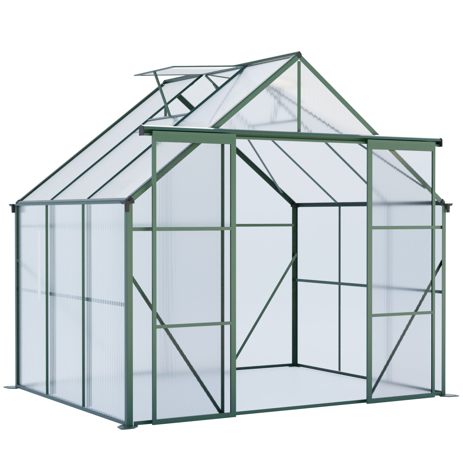 8ft x 6ft Heavy‑Duty Aluminum Walk‑In Greenhouse — Double Doors Adjustable Roof & Polycarbonate Panels Green