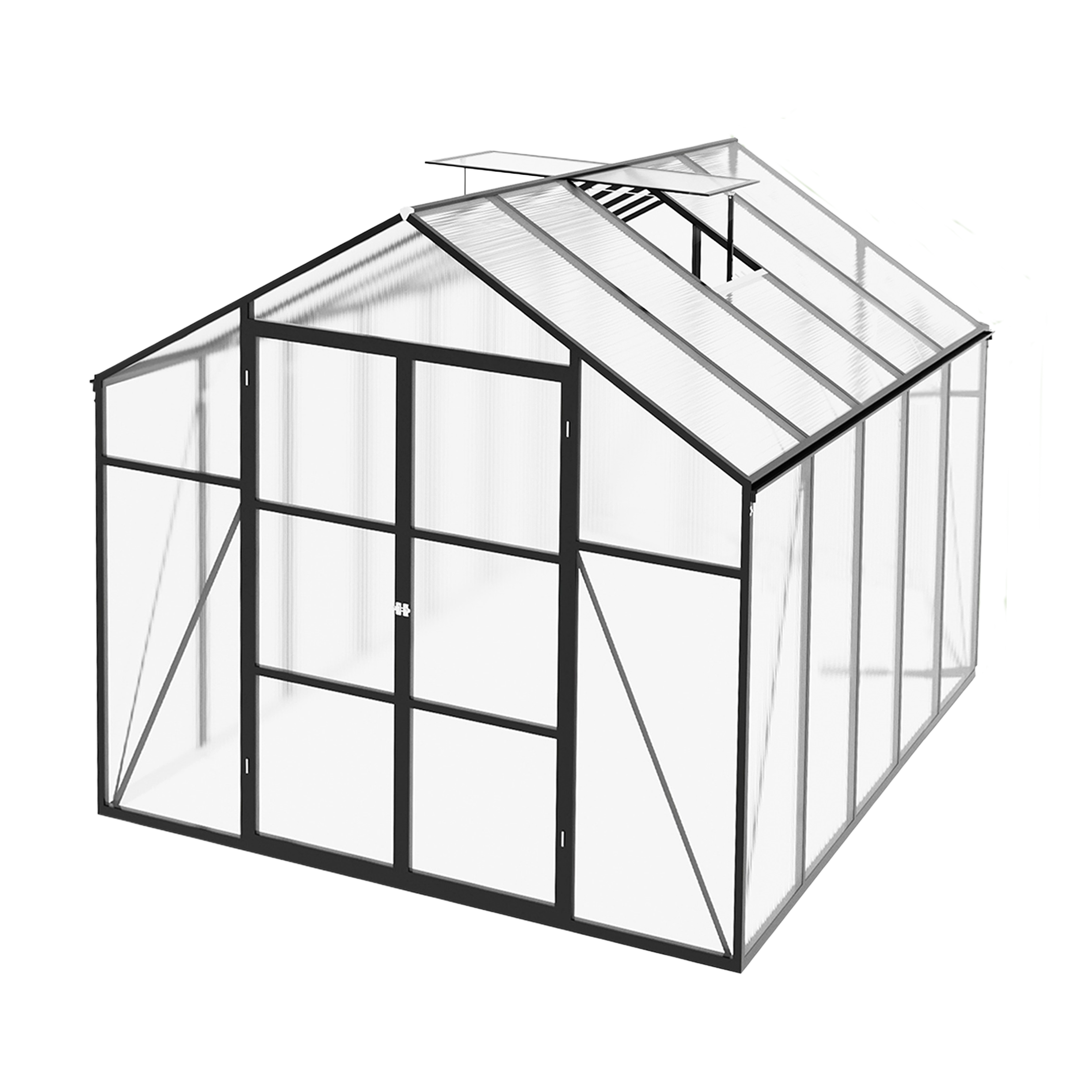 8ft x 10ft Heavy‑Duty Aluminum Walk‑In Greenhouse — 4mm Polycarbonate Panels Drainage System & Adjustable Vents Black
