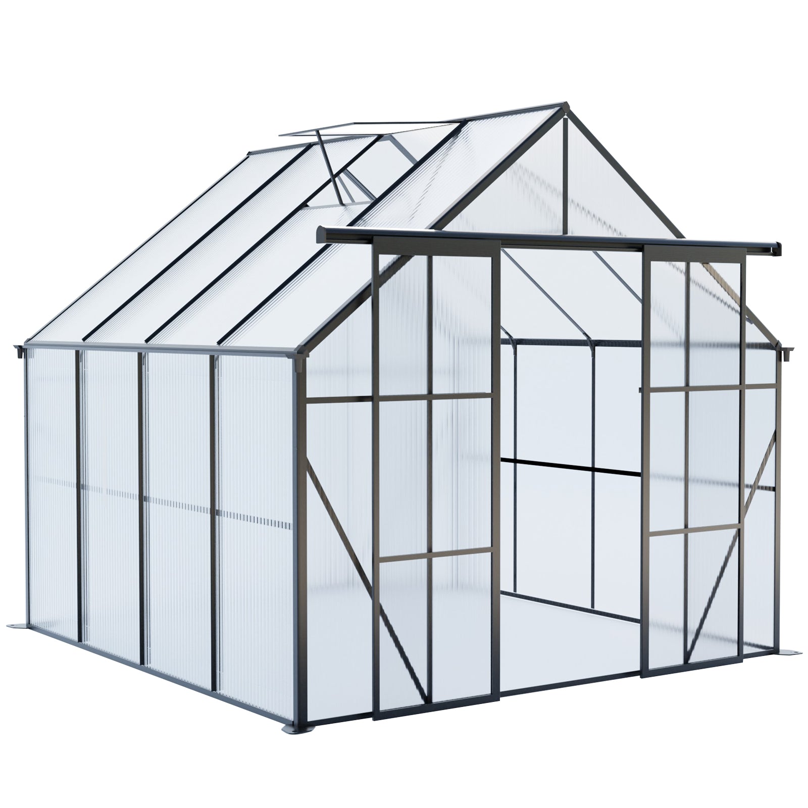 8ft x 8ft Heavy‑Duty Aluminum Walk‑In Greenhouse — Double Doors Polycarbonate Panels Raised Base & Drainage System Black