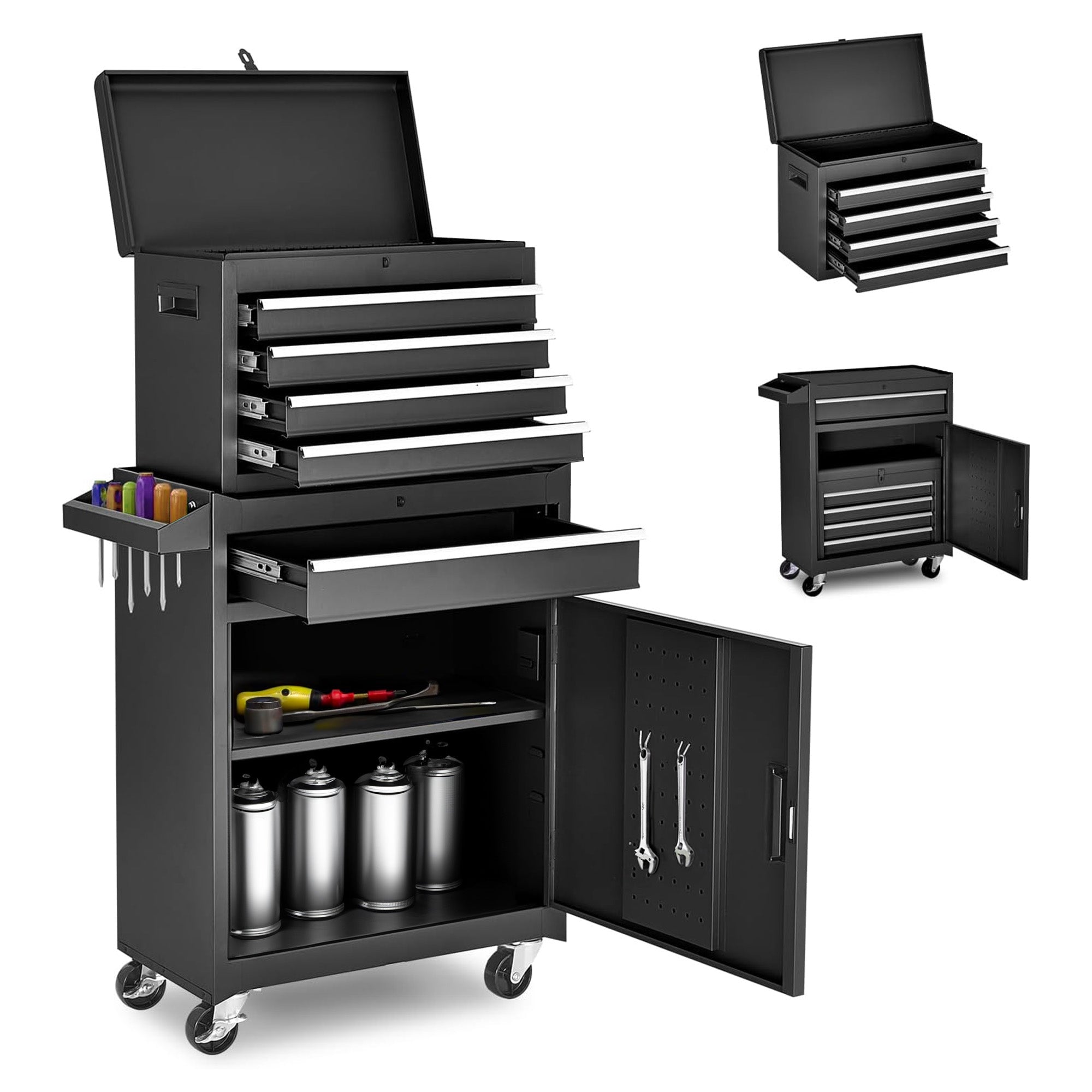 5-Drawer Rolling Tool Chest – Detachable Black Tool Cabinet with Lock & Adjustable Shelf